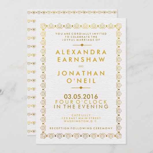 Faire-part de mariage Art déco doré (Devant / Derrière)