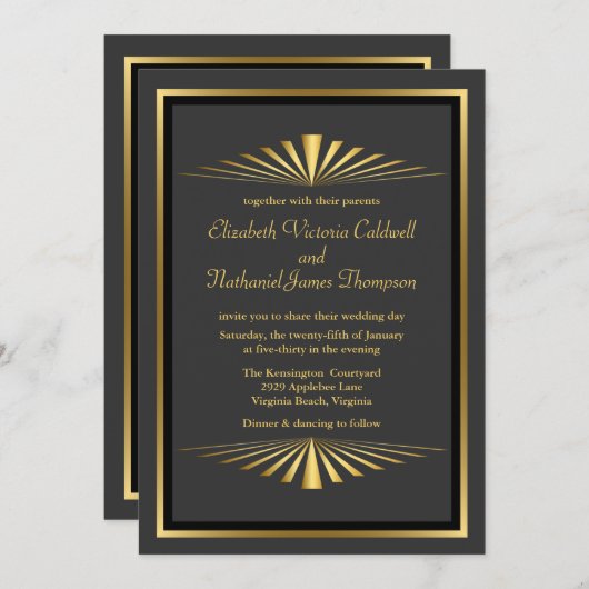 Faire-part de mariage Art déco Gold Fanfare| noir (Devant / Derrière)