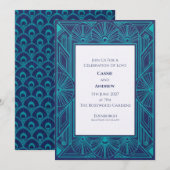 Faire-part de mariage Art Déco Paon sarcelle (Devant / Derrière)