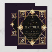 Faire-part de mariage Art Déco violet et or (Devant / Derrière)