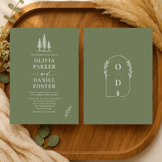 Faire-part de mariage Art Linéaire Vert Olive Forê