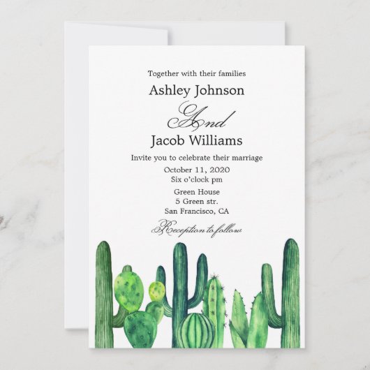 Faire-part de mariage au cactus. Invitation modern (Devant)