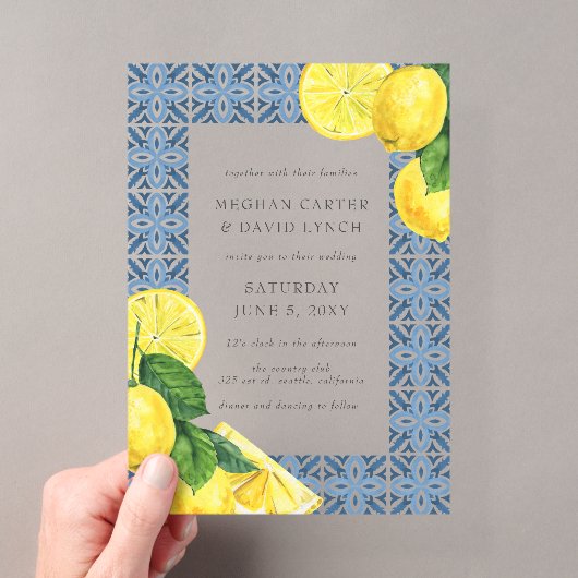 Faire-part de mariage au citron Carreaux bleus méd (In situ (ordinateur de poche))