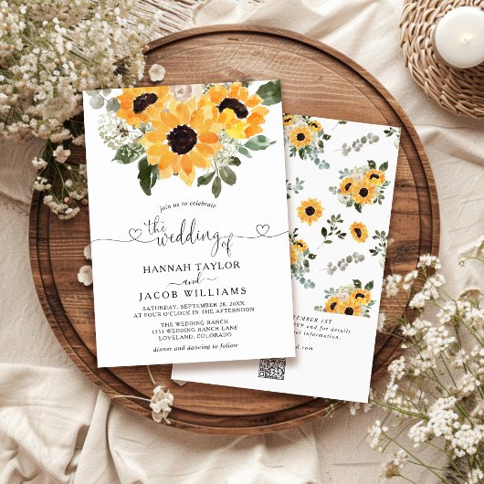Faire-part de mariage au code QR RSVP tournesol eu