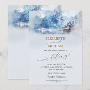 Faire-part de mariage au lac de montagne en hiver