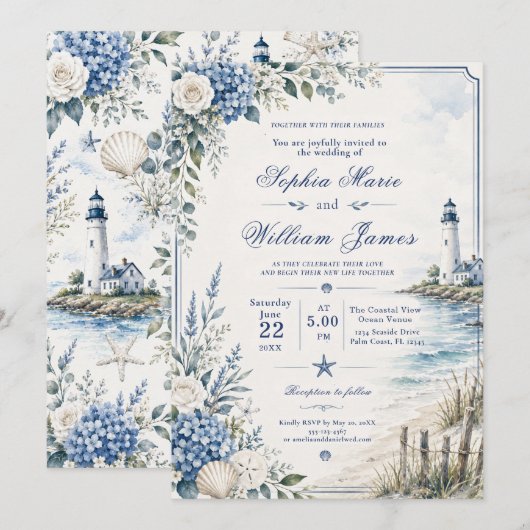 Faire-part de mariage au phare côtier (Devant / Derrière)