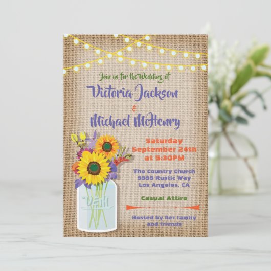 Faire-part de mariage au pot Mason tournesol toile (Debout devant)