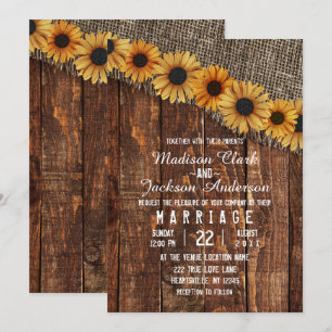 Faire-part de mariage au tournesol en bois rustiqu