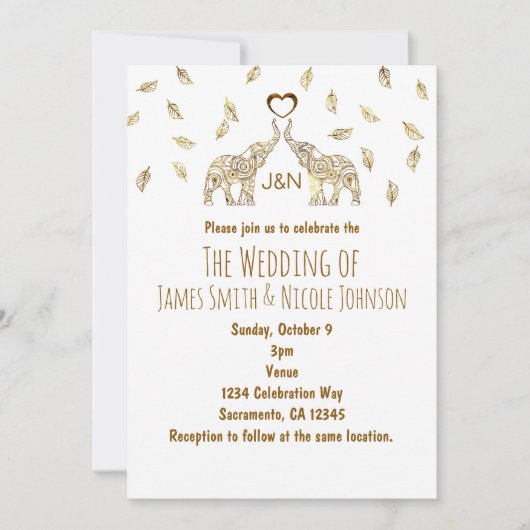 Faire-part de mariage automnal or avec deux élépha (Devant)