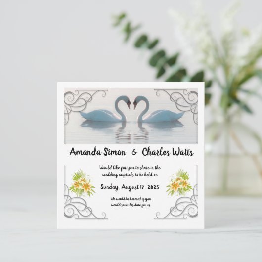 Faire-part de mariage aux cygnes blancs (Debout devant)