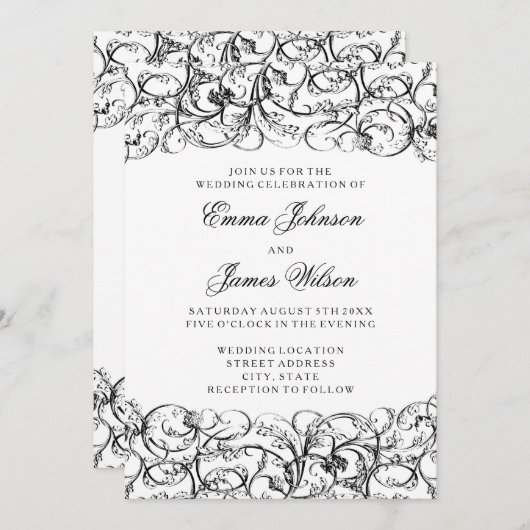 Faire-part de mariage aux élégants tourbillons noi (Devant / Derrière)