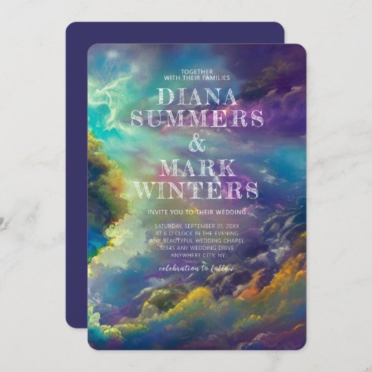 Faire-part de mariage aux fabuleux nuages violets (Devant / Derrière)