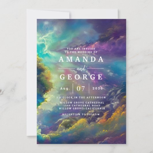 Faire-part de mariage aux fabuleux nuages violets (Devant)