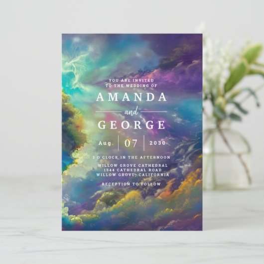 Faire-part de mariage aux fabuleux nuages violets (Debout devant)