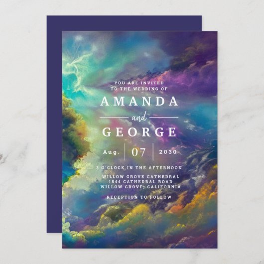 Faire-part de mariage aux fabuleux nuages violets (Devant / Derrière)