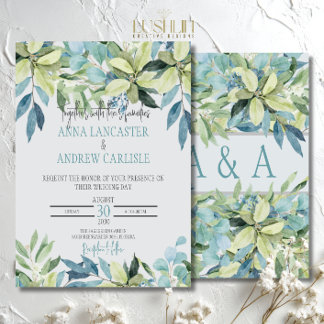 Faire-part de mariage aux feuilles aquarelles bleu