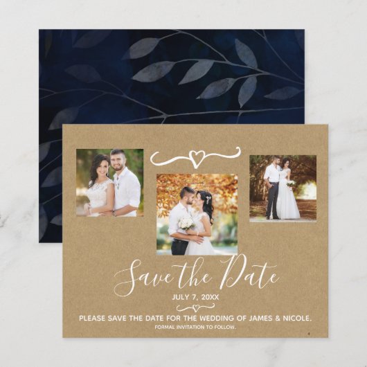Faire-Part de Mariage aux Feuilles Bleues Rustique (Devant / Derrière)
