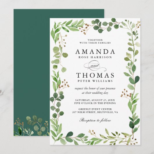 Faire-part de mariage aux feuilles vertes d'eucaly (Devant / Derrière)