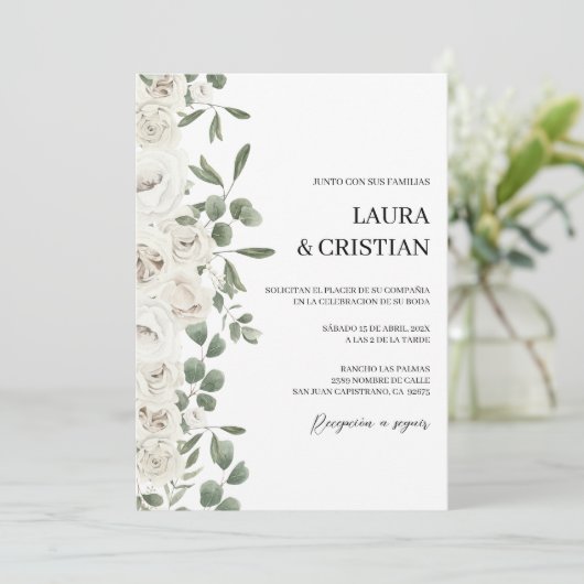Faire-part de mariage aux fleurs blanches en espag (Debout devant)