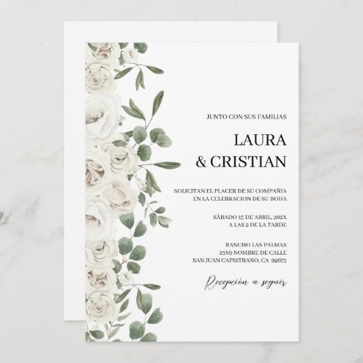 Faire-part de mariage aux fleurs blanches en espag (Devant / Derrière)