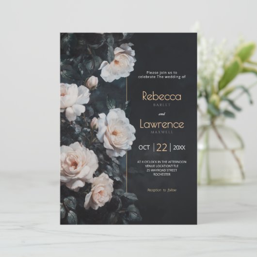 Faire-part de mariage aux fleurs blanches noires c (Debout devant)