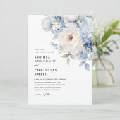 Faire-part de mariage aux fleurs bleues et blanche (Debout devant)