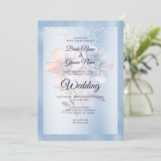 Faire-part de mariage aux fleurs rose bleue (Debout devant)