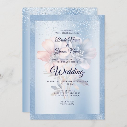 Faire-part de mariage aux fleurs rose bleue (Devant / Derrière)