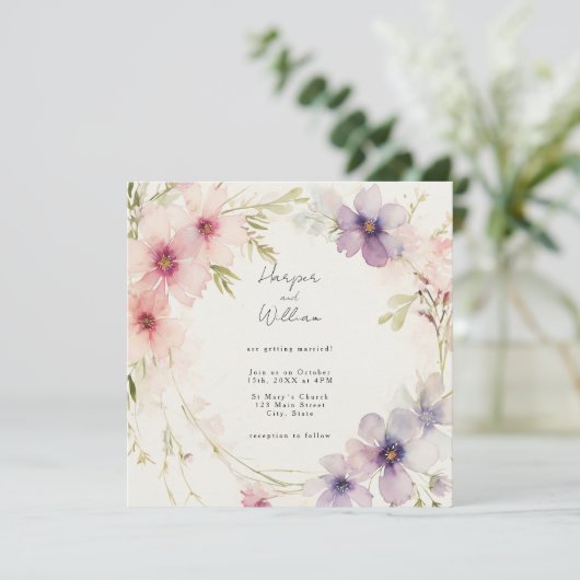 Faire-part de mariage aux fleurs rose et bleu past (Debout devant)