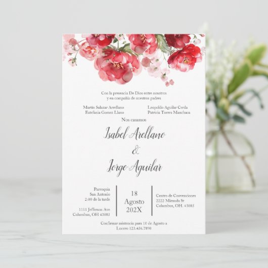 Faire-part de mariage aux fleurs rouges d'Espagne (Debout devant)