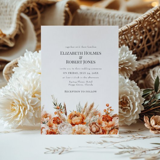 Faire-part de mariage aux fleurs séchées corail et