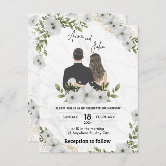 Faire-part de mariage aux fleurs vertes (Devant / Derrière)