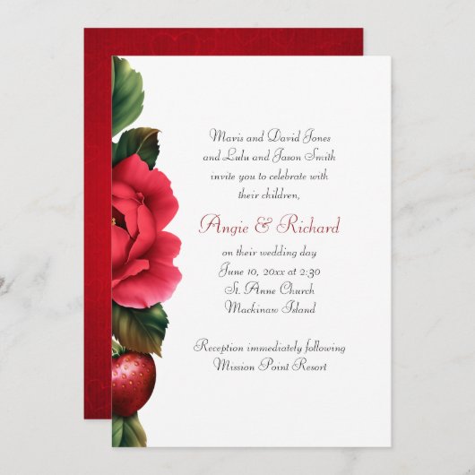 Faire-part de mariage aux fraises et aux roses rou (Devant / Derrière)