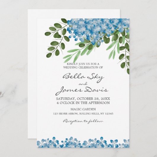 Faire-part de mariage aux hydrangeas bleus élégant (Devant / Derrière)