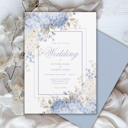 Faire-part de mariage aux hydrangeas bleus et blan