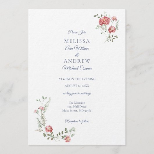 Faire-part de mariage aux oeillets et bleu (Devant)