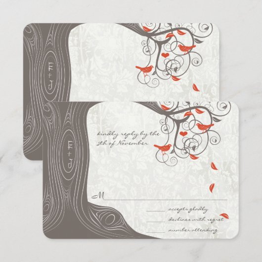 Faire-part de mariage aux oiseaux d'amour Corail d (Devant / Derrière)