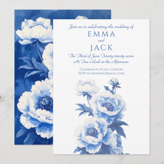 Faire-part de mariage aux pivoines bleues et blanc (Devant / Derrière)