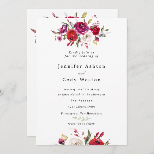 Faire-part de mariage aux roses aquarelles de Bour (Devant / Derrière)