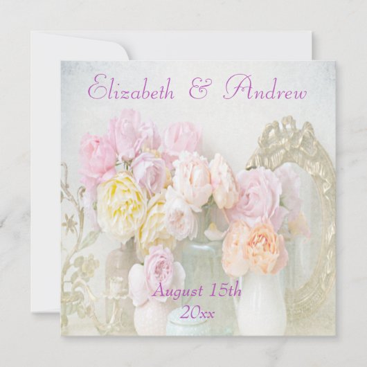 Faire-part de mariage aux roses romantiques en pot (Devant)