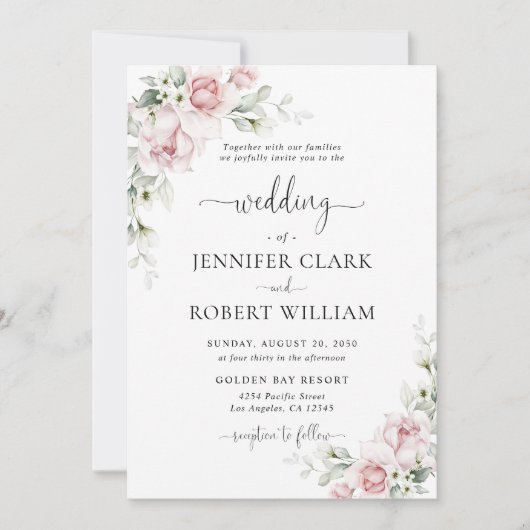 Faire-part de mariage aux roses roses blush (Devant)