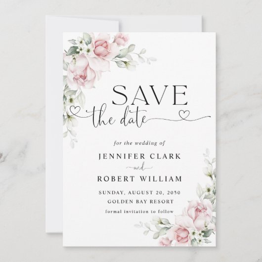 Faire-part de mariage aux roses roses Save The Dat (Devant)