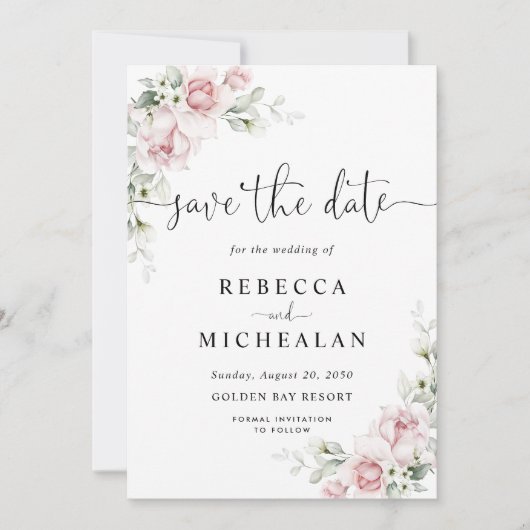 Faire-part de mariage aux roses roses Save The Dat (Devant)