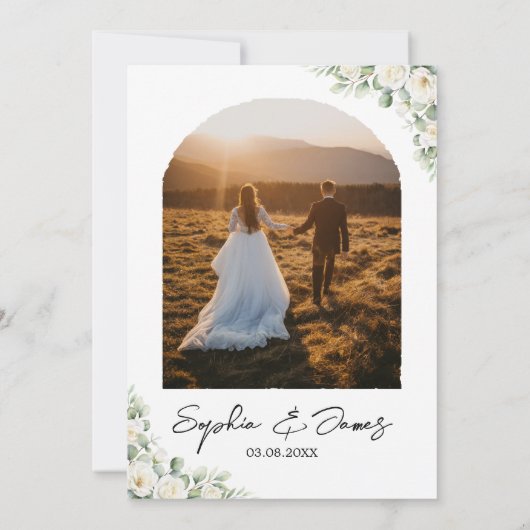 Faire-part de mariage avec arche florale blanche é (Dos)