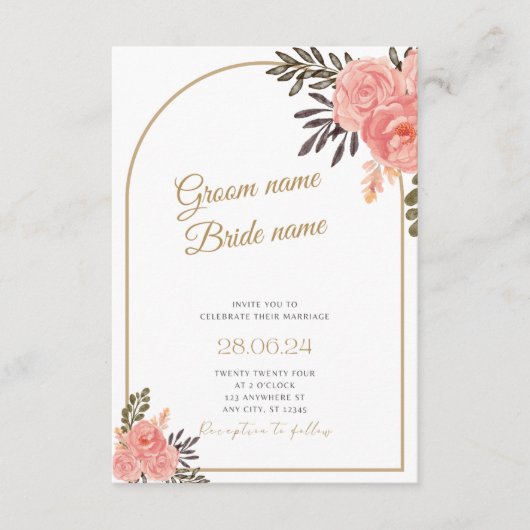 Faire-part de mariage avec arche florale boho or (Devant)