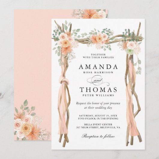 Faire-part de mariage avec arche florale rose (Devant / Derrière)