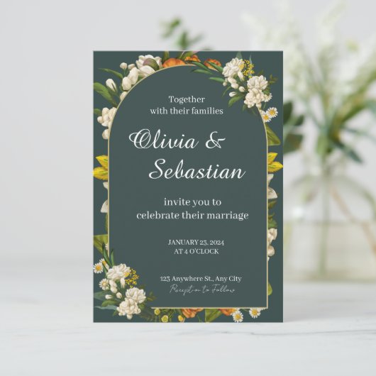 Faire-part de mariage avec arche florale vert fonc (Debout devant)
