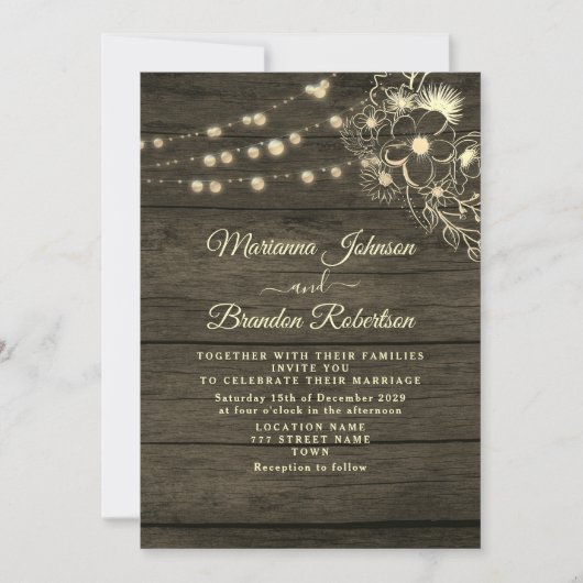 Faire-part de mariage avec bois rustique et guirla (Devant)