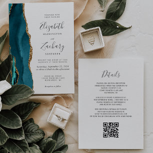 Faire-part de mariage avec code QR en agate dorée 