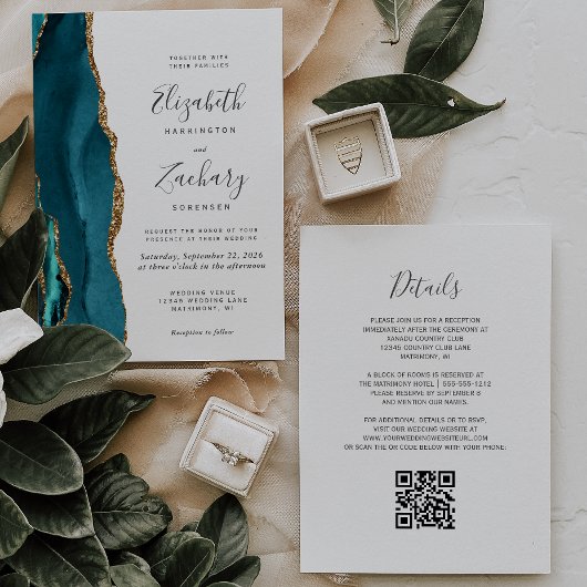 Faire-part de mariage avec code QR en agate dorée 